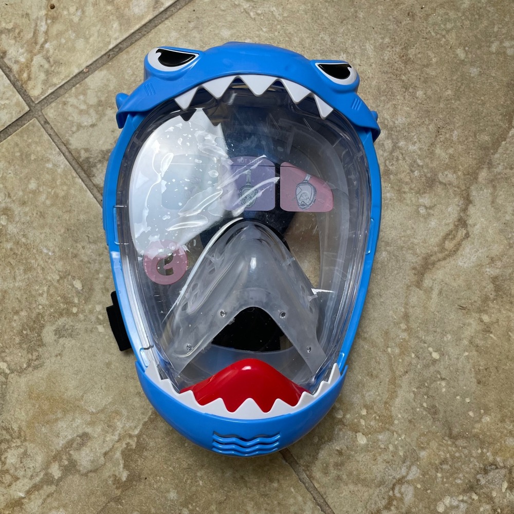 Cartoon Shark Snorkeling Mask Children Kids Summer Swim Full Face Blue